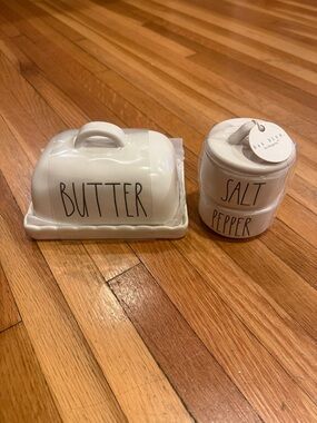 Rae Dunn White Ceramic Butter Dish with Stackable Salt & Pepper Jars
